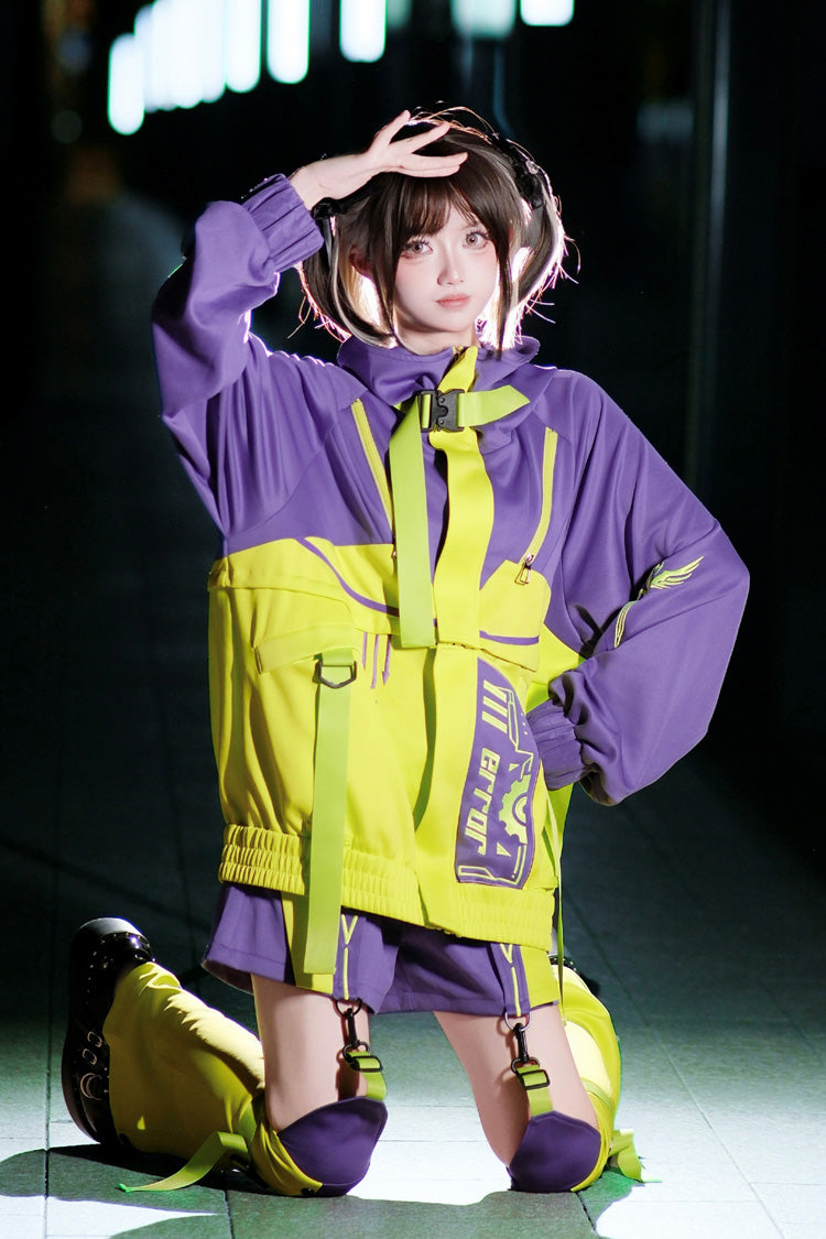 Neon Purple/Green [Zero-Type Transformation] Techwear Long Sleeves Embroidered Hooded Punk Jirai Kei Shorts Coat Set