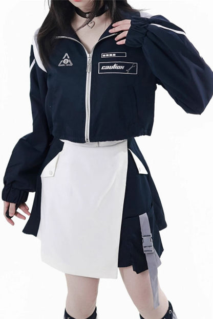 Blue/White [Message Overload] Techwear Long Sleeves Embroidered Asymmetric Zippered Jirai Kei Dress Short Coat Set