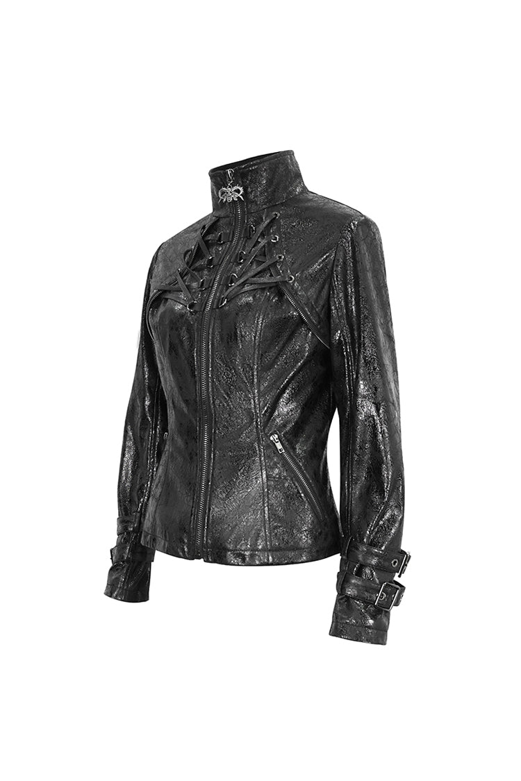 Black Stand Collar Crackled Buckle Women's Punk Jacket