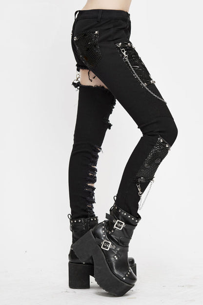 Black Punk Asymmetrical Spliced Broken Hole With Chains Womens Pants