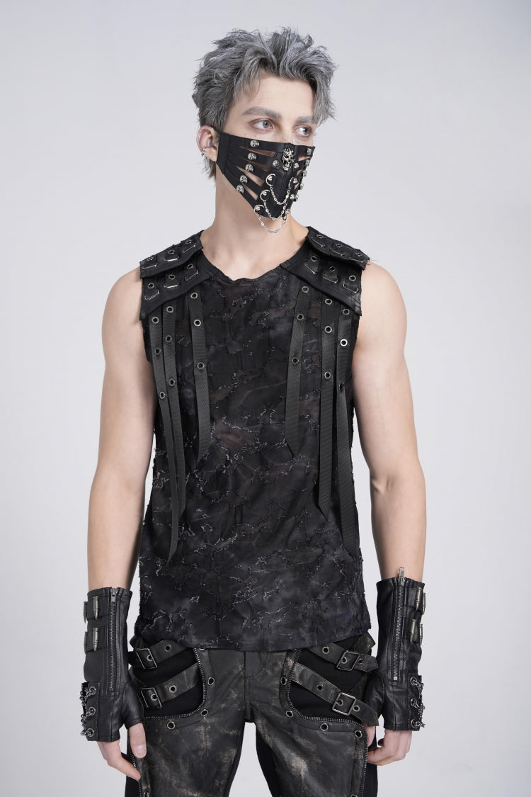 Black Sleeveless Eyelet Strap Distressed Men's Gothic Vest