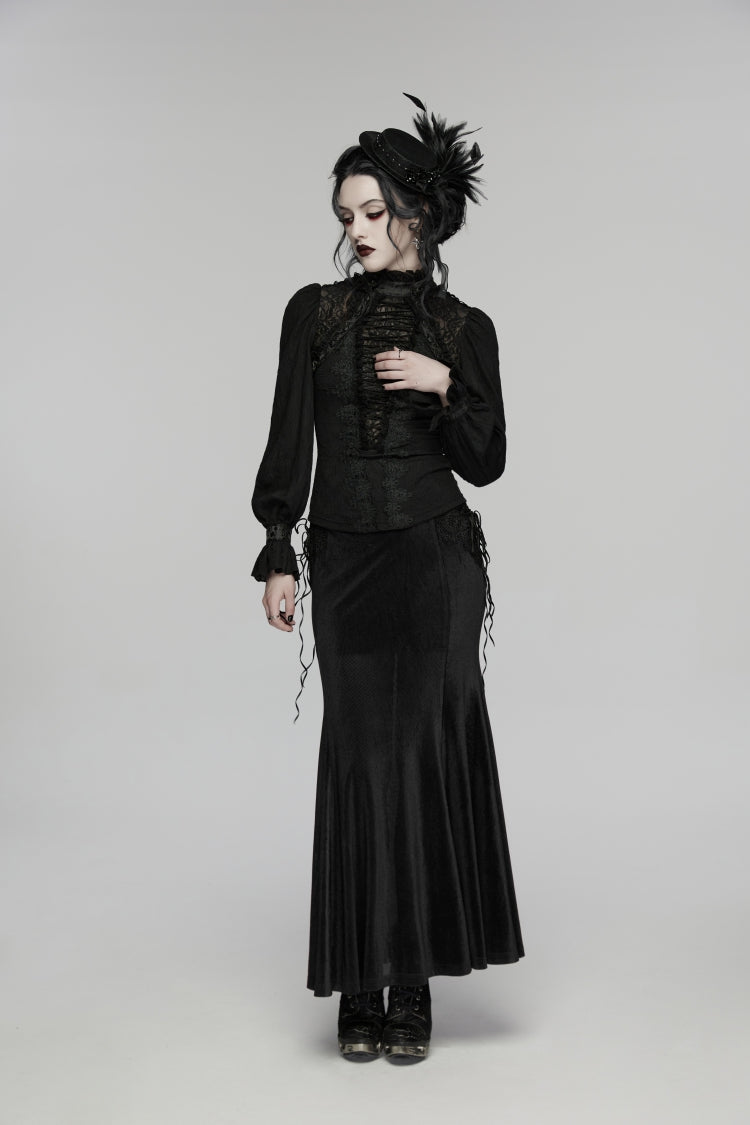 Black Stand Collar Long Sleeves Lace Lace-Up Slim Women's Gothic Blouse