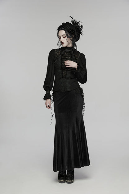Black Stand Collar Long Sleeves Lace Lace-Up Slim Women's Gothic Blouse