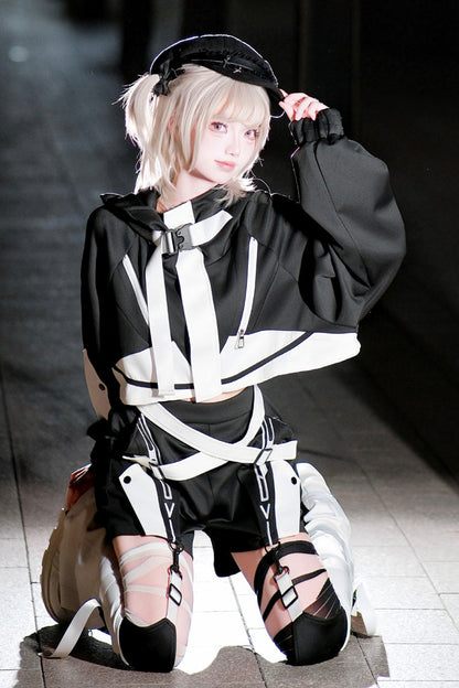 Black/White [Zero-Type Transformation] Techwear Long Sleeves Embroidered Hooded Punk Jirai Kei Shorts Coat Set