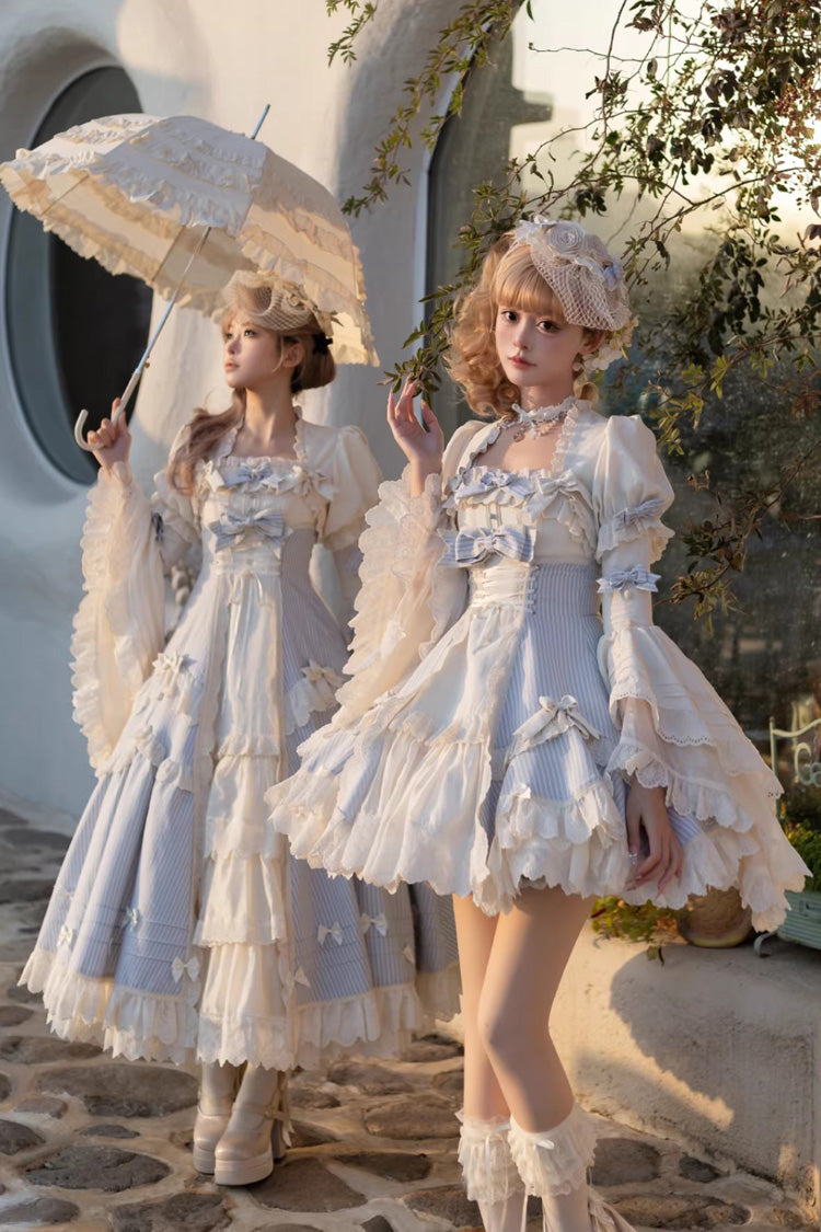 Blue [Letter Paper] Sleeveless Double-Layered Printed Ruffled Open-Front Bow Lace-Up Sweet Lolita Jsk Dress (Short Version)