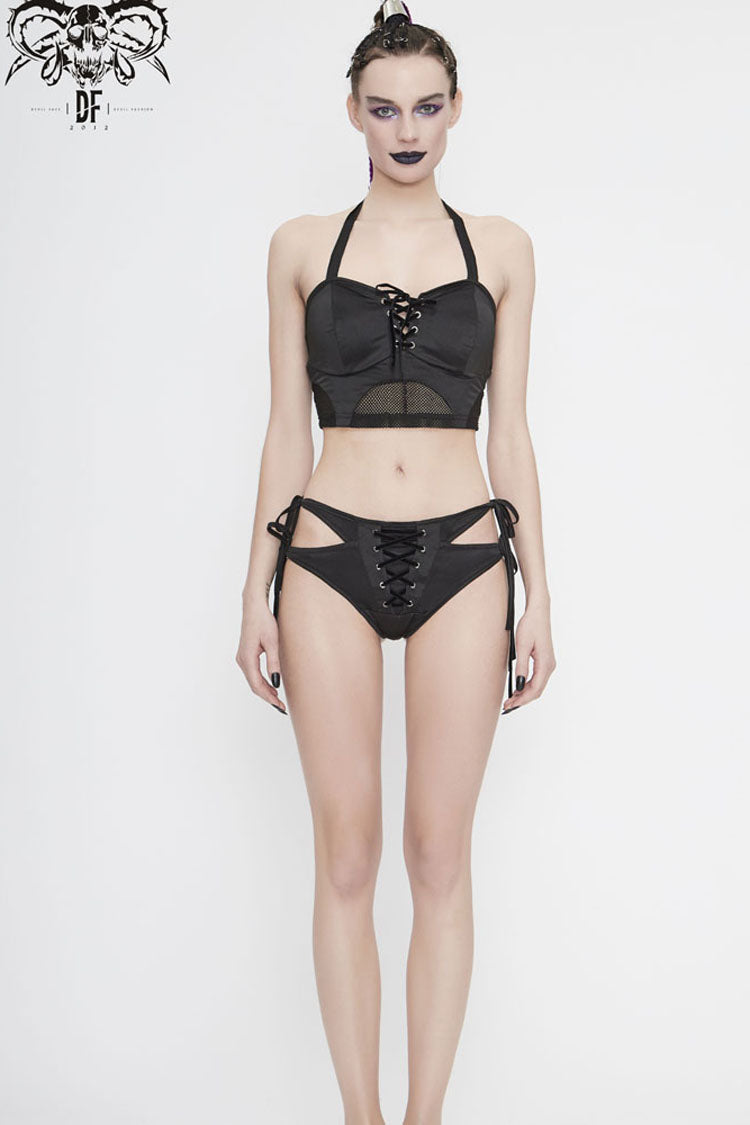 Black Lace-Up Front Middle Cross-Strap Women's Punk Swimsuit Bottoms