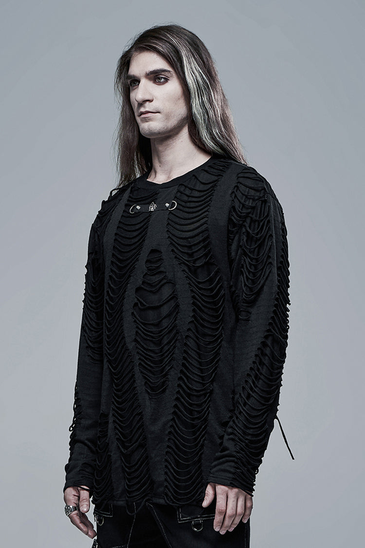 Black Round Collar Long Sleeves Double-Layered Ripped Men's Gothic Blouse