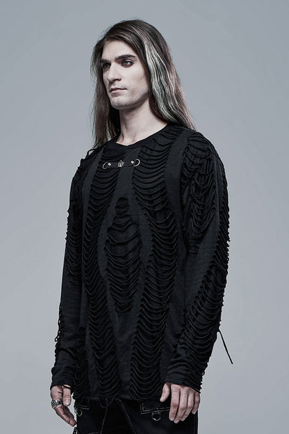 Black Round Collar Long Sleeves Double-Layered Ripped Men's Gothic Blouse