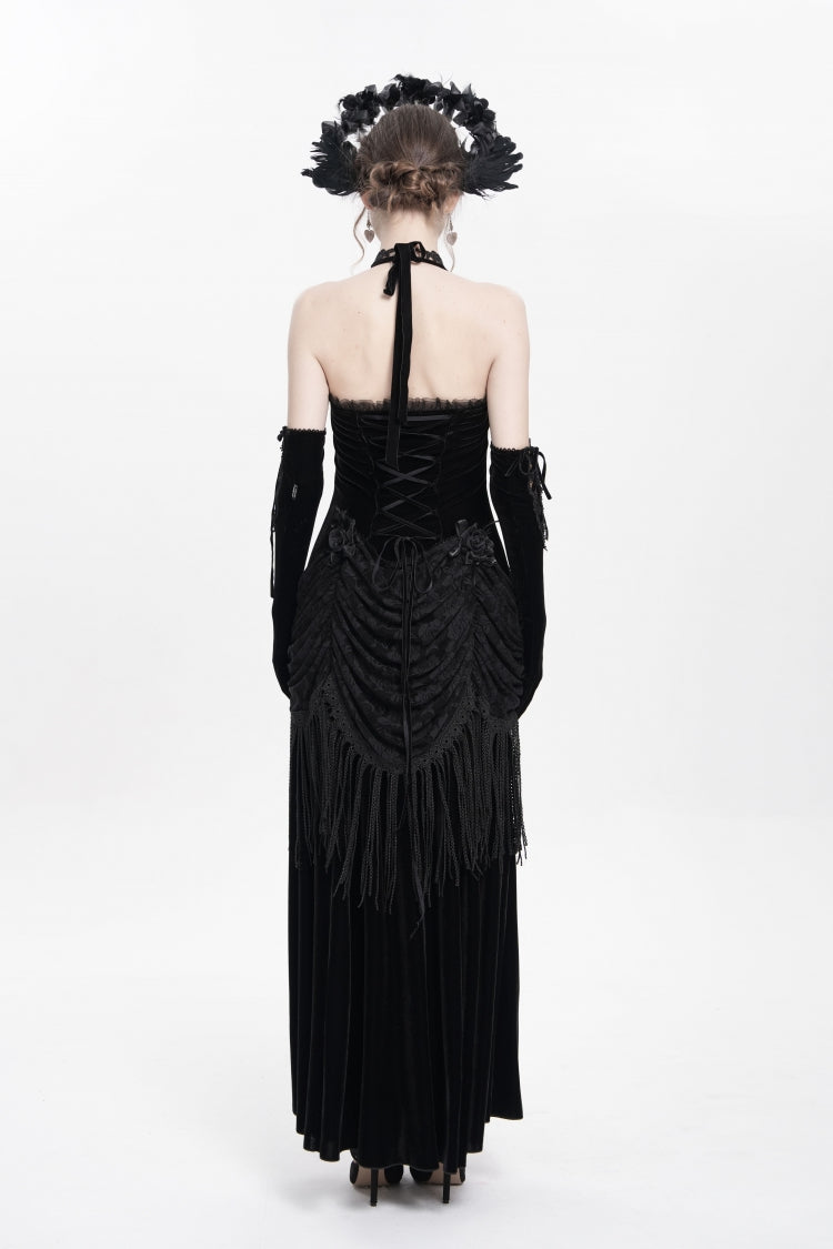 Black Sleeveless Hollow Floral Embroidery Lace-Up Pleated Women's Gothic Maxi Dress