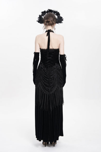 Black Sleeveless Hollow Floral Embroidery Lace-Up Pleated Women's Gothic Maxi Dress