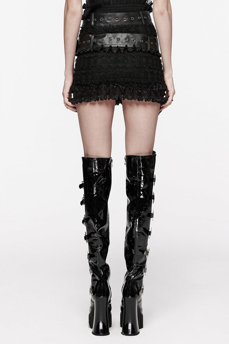 Black Ruffle Mesh Women's Gothic Skirt with Belts