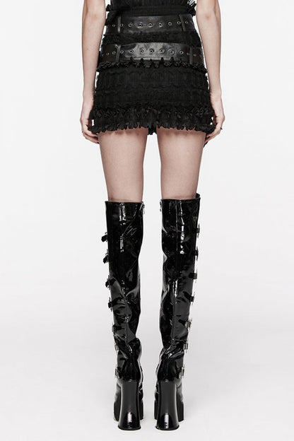 Black Ruffle Mesh Women's Gothic Skirt with Belts