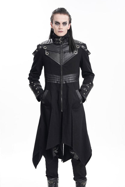 Black Stand Collar Eyelets Buckle-up Ring Long Sleeves Stitching Men's Gothic Coat