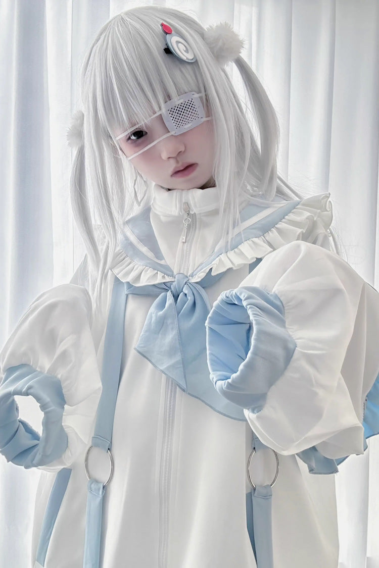 White/Blue Letter from an Angel Long Sleeves Print Jirai Kei Handsome Coat