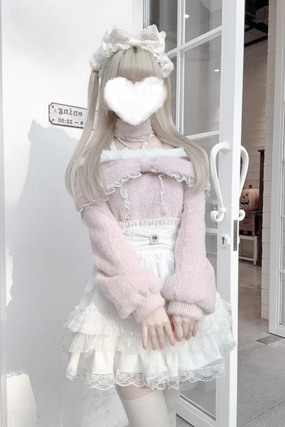 Jirai Kei Off Shoulder Long Sleeves Lace Sweet Japanese Fleece-Lined Top 3 Colors