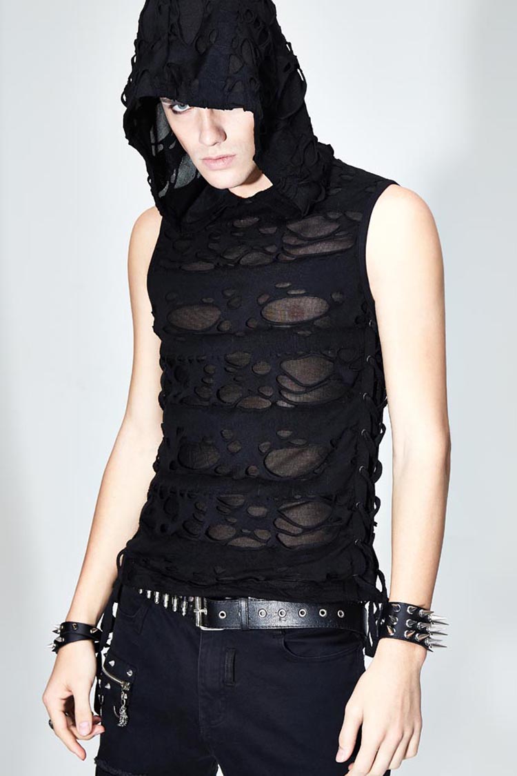Black Sleeveless Ripped Side Ribbons Lace-Up Hooded Men's Punk T-Shirt