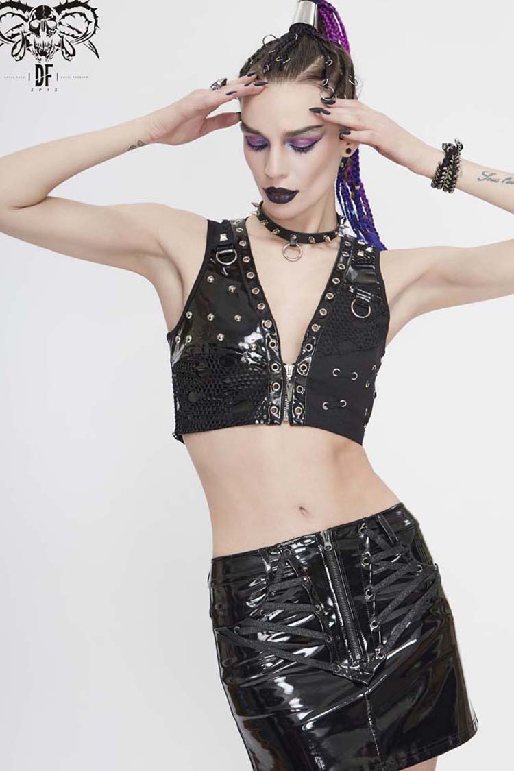 Black Short Leather Splice Mesh Asymmetrical Heavy Metal Decoration Women's Punk Waistcoat