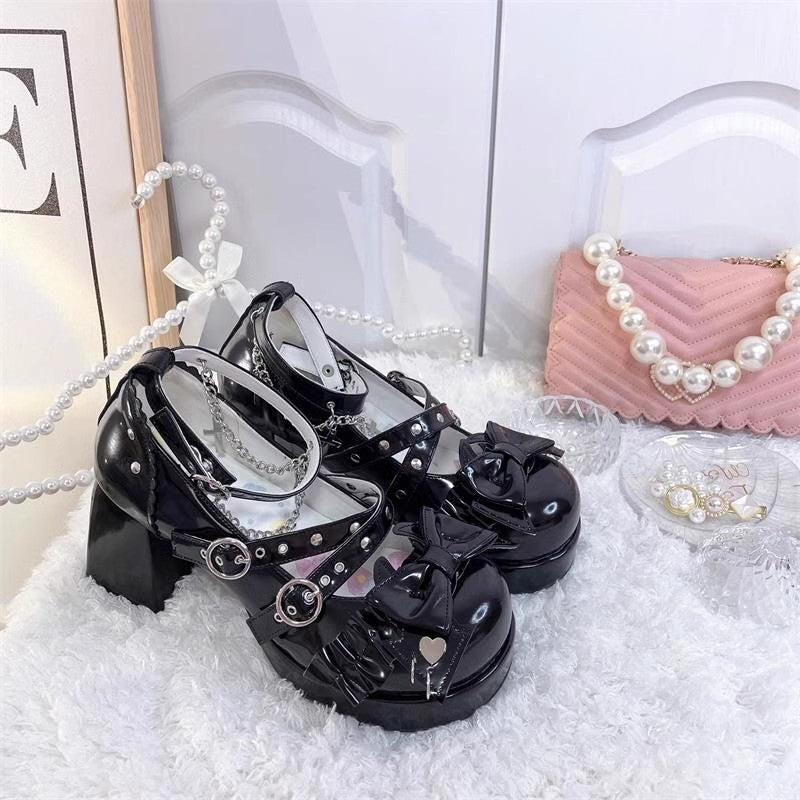 Gothic Cross Straps Bowknot Lolita High Heels 4 Colors