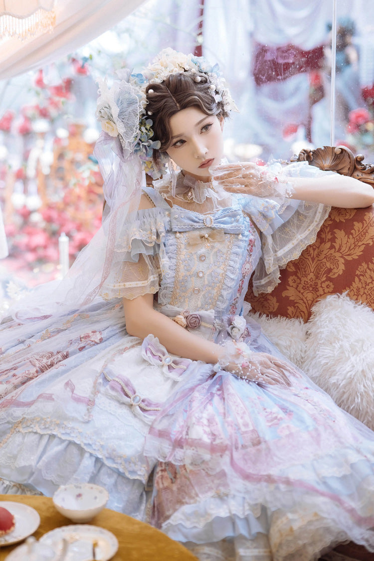 Blue [Moonlight Melody] Off Shoulder Sleeveless Multi-Layered Hanayome Open-Front Bow Lace Sweet Gorgeous Lolita Jsk Dress Set