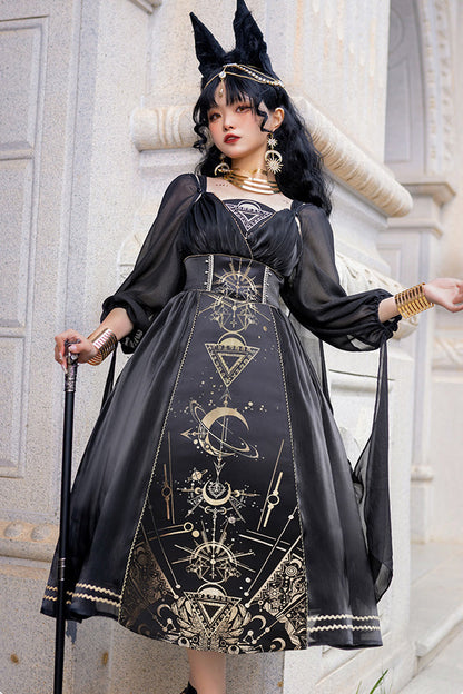 Black [Nightmare of Horus] Print Ruffle Hot Stamping Gothic Gorgeous Lolita Jsk Short Dress
