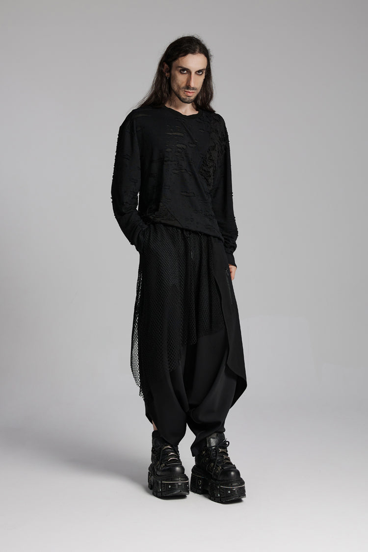 Black Round Collar Long Sleeves Ripped Mesh Men's Punk T-Shirt