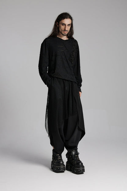 Black Round Collar Long Sleeves Ripped Mesh Men's Punk T-Shirt