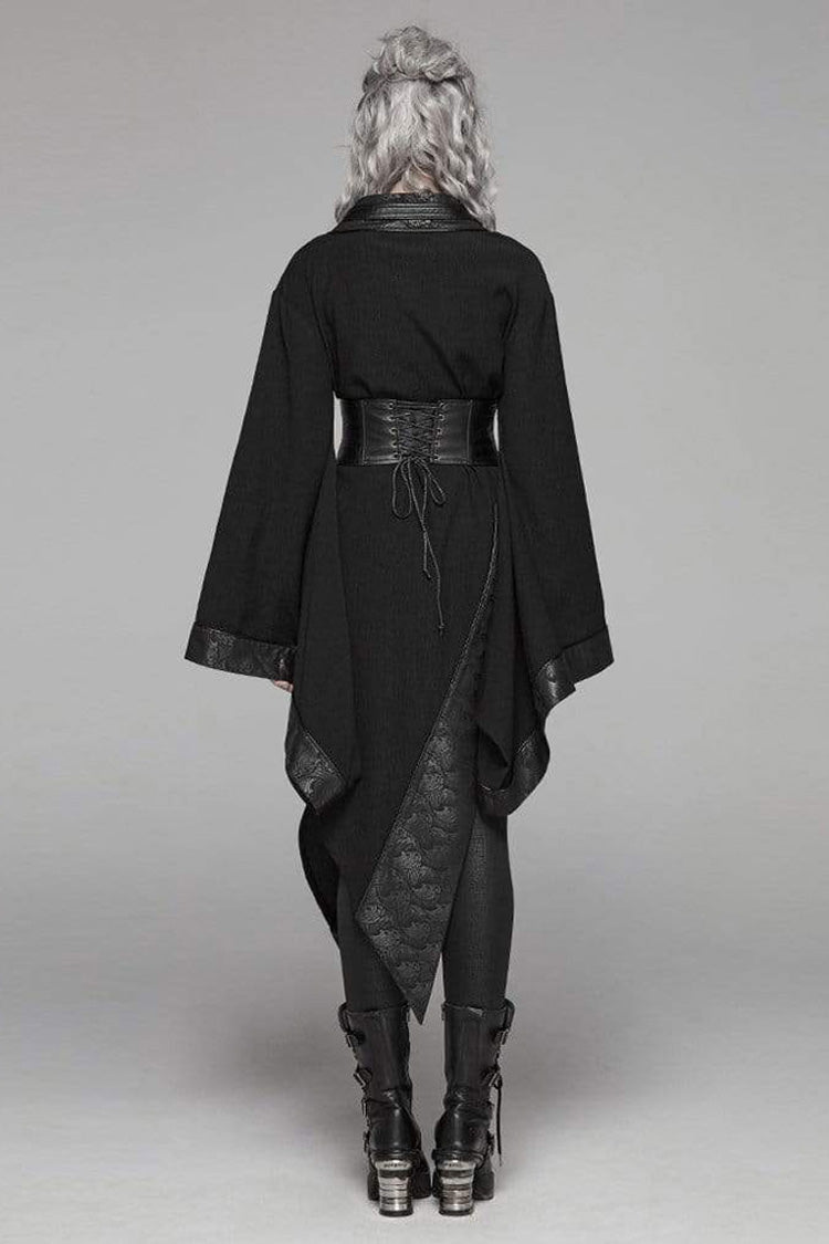 Black V Neck Metal Buckle Strap Waist Lace-Up Flare Sleeve Wave Printing Asymmetric Hem Kimono Women's Punk  Dress