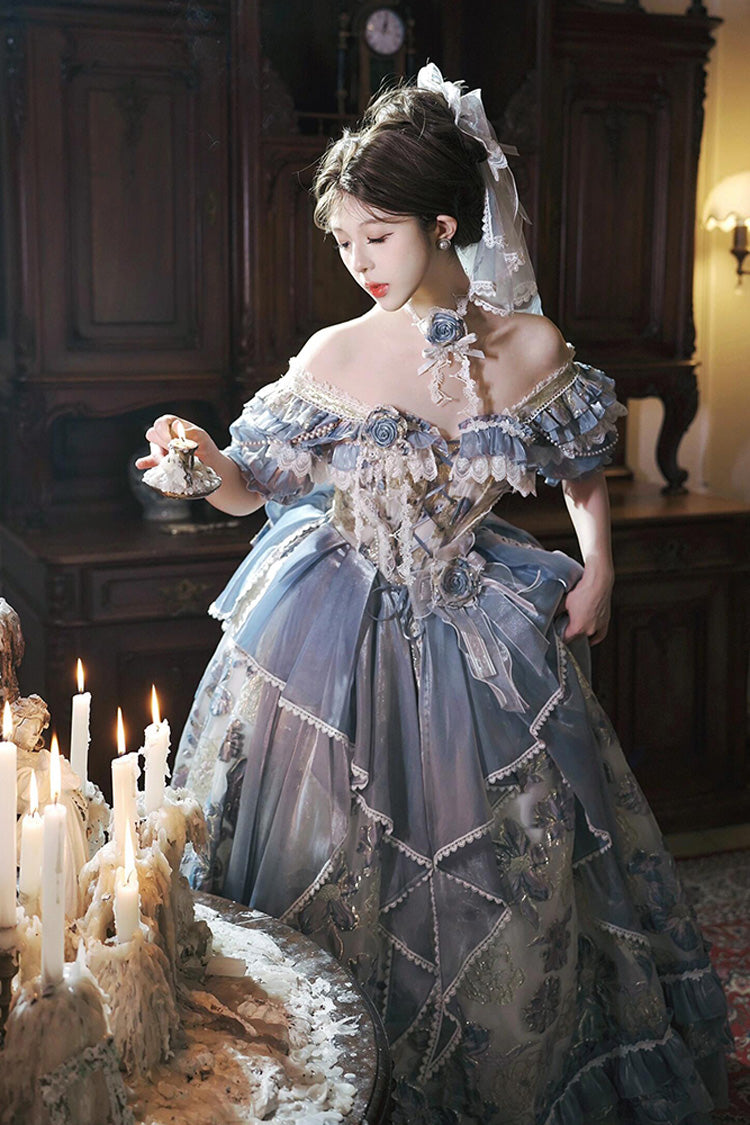 Blue [Jacaranda] Off Shoulder Short Sleeves Printed Ruffled Embroidered Bow Lace-Up Sweet Elegant Princess Lolita Dress