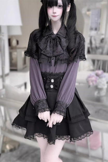 [Dark Moon Shadow] Long Sleeves Double-Layered Ruffled Embroidered Bow Lace-Up Gothic Jirai Kei Lolita Top + Skirt Set