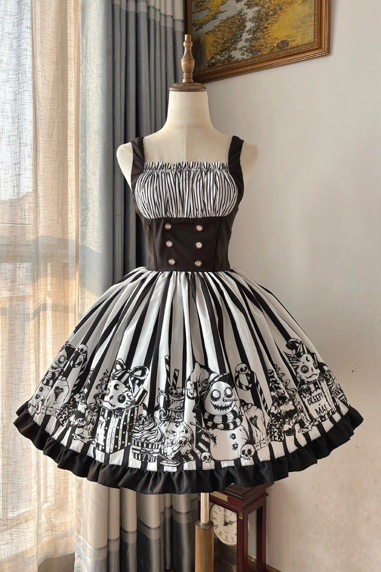 Black/White [A Weird Christmas] Sleeveless Printed Ruffled Gothic Lolita JSK Dress