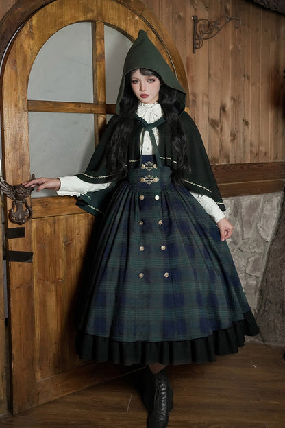 Blue/Green [Berlin's letter] Double-Layered Plaid Print Ruffle Bowknot Classic College Style Lolita Strap Dress Set 2 Versions