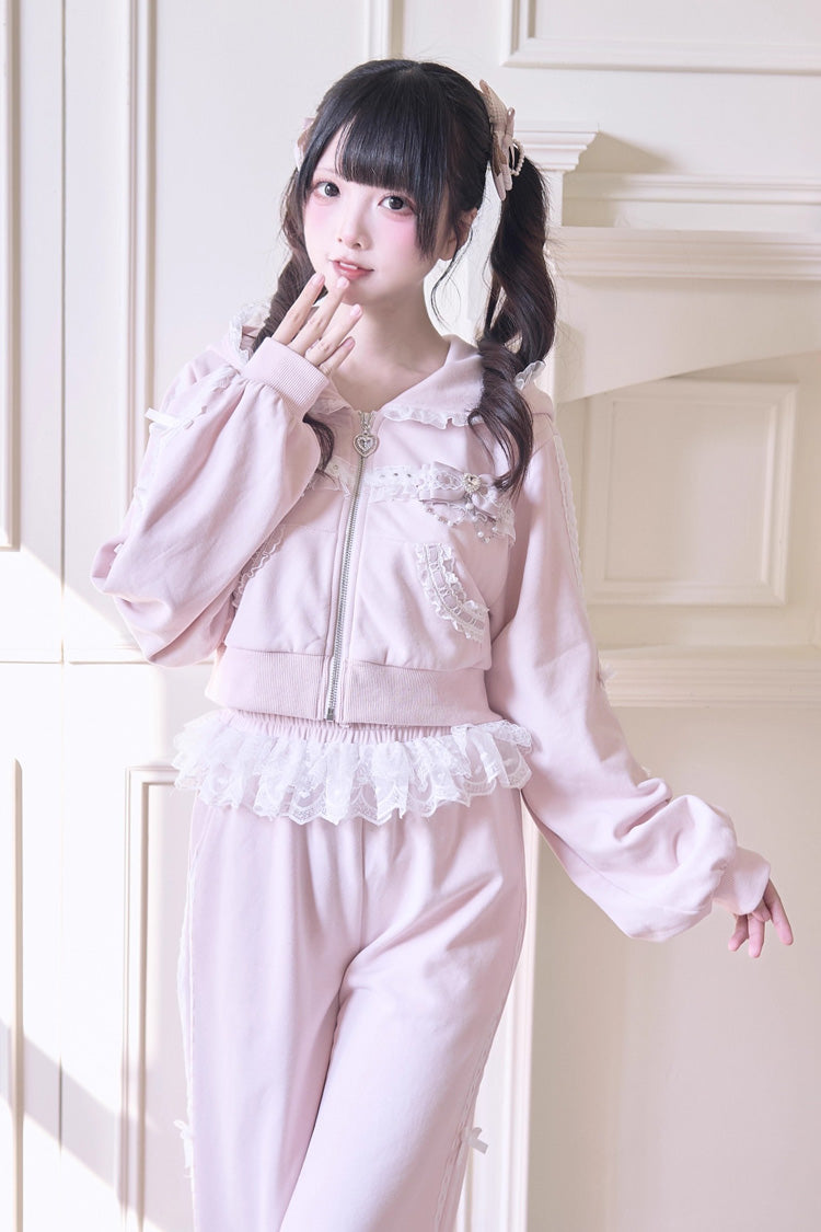 Sweet Long Sleeves Bowknot Lace Hooded Jirai Kei Hoodie Pants Set 3 Colors