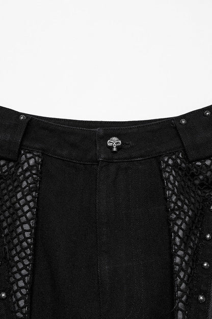 Black Stitching Mesh Unedged Detachable Women's Punk Pants