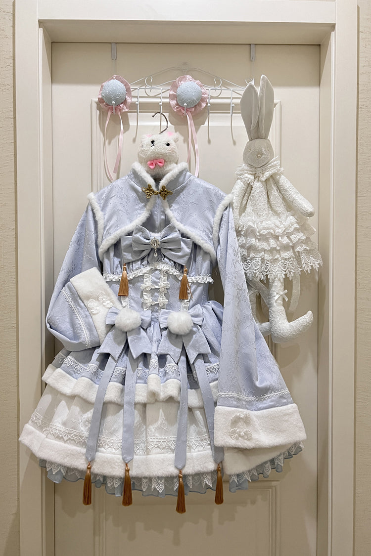 Blue [Snow Rabbit] Long Sleeves Ruffle Bowknot Fake Two Pieces Sweet Lolita Dress
