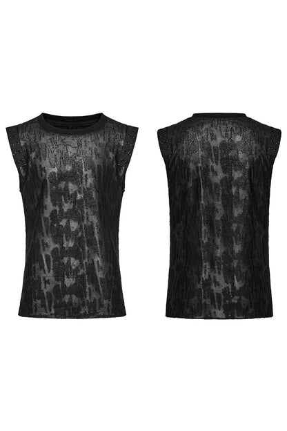 Black Round Collar Sleeveless Print Ripped Distressed Eyelet Men's Gothic Tank Top