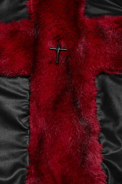 Black/Red Halterneck Sleeveless Cross Faux Fur Stitching Women's Punk Vest