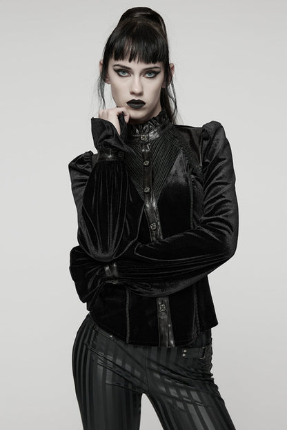 Black Stand Collar Long Puff Sleeves Stitching Lace-Up Women's Gothic Coat
