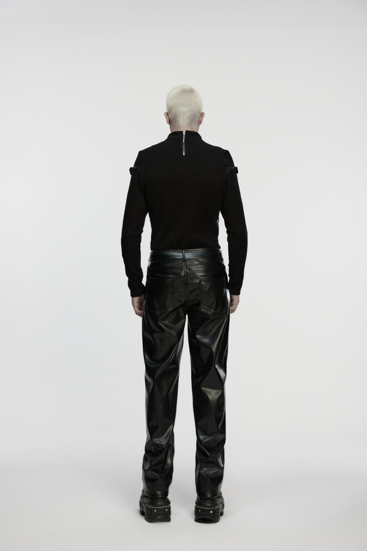 Black Zippered Eyelet Men's Punk Faux Leather Pants