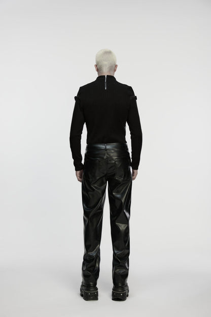 Black Zippered Eyelet Men's Punk Faux Leather Pants