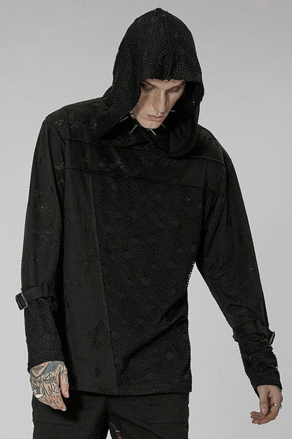 Black Punk Ripped Knit Mesh Surface Splicing Detachable Ring Sleeve Webbing Hooded Men's T-Shirt