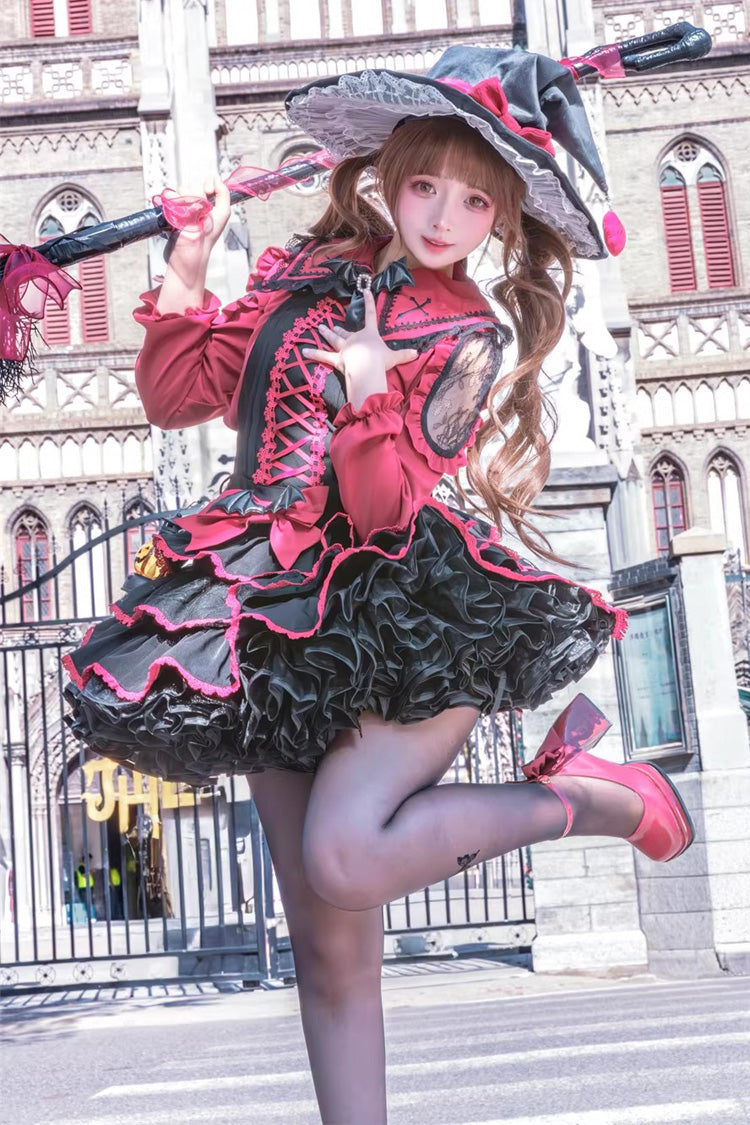 Black/Red [Showa Cake] Sleeveless Triple-Layered Ruffled Bow Lace-Up Witch Gothic Lolita Jsk Dress