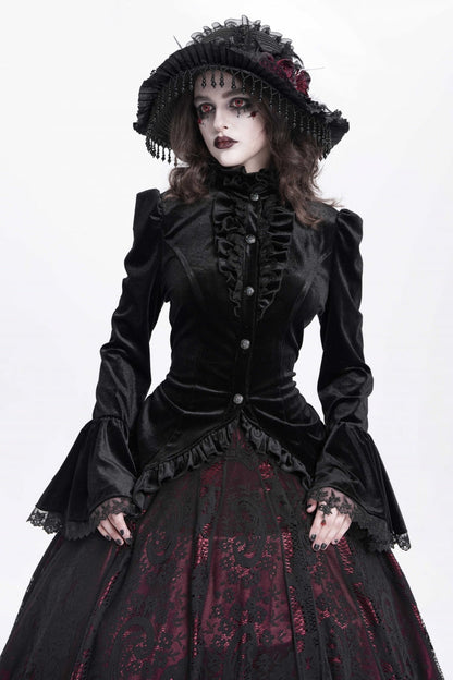 Black Stand Collar Long Trumpet Sleeves Ruffle Swallow-tailed Women's Gothic Blouse