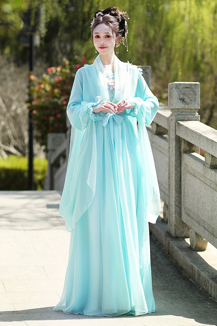 Blue Long Sleeves Print Embroidery Women's Sweet Classic Hanfu Dress Full Set