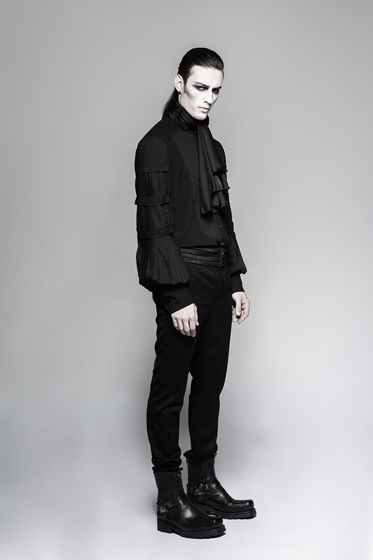 Black Stripes Long Sleeves Print Mens Gothic Blouse With Necktie