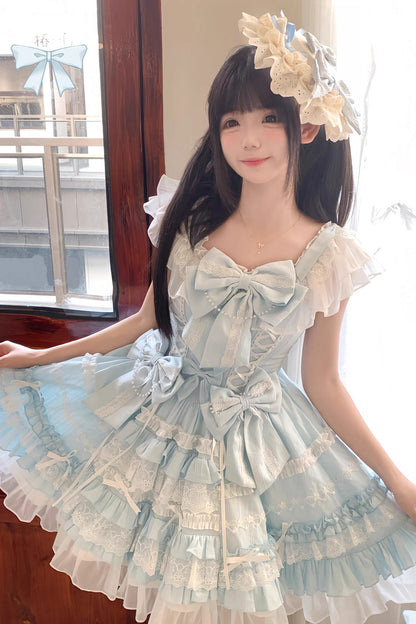 Blue [Snow Top Doll] Sleeveless Multi-Layered Ruffled Bow Lace Princess Sweet Lolita Tiered Dress