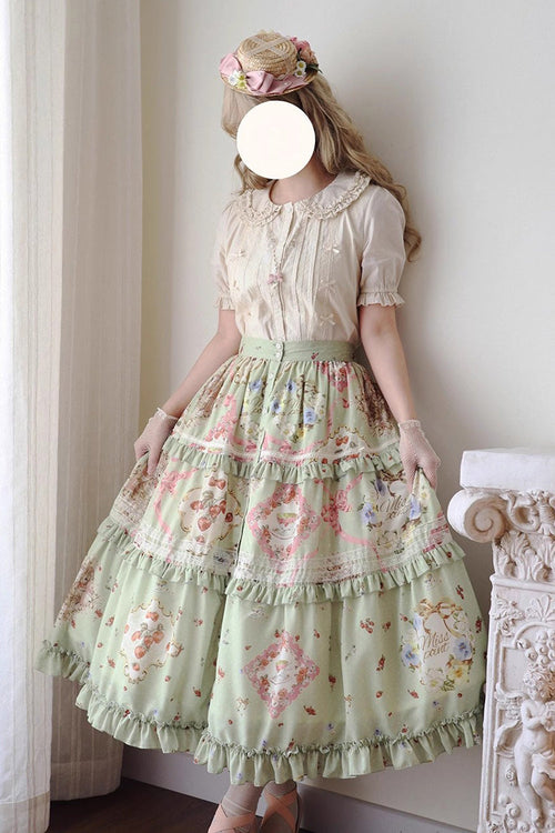 Green [Cat Rose Tea] Print Ruffle Daily Sweet Lolita Skirt