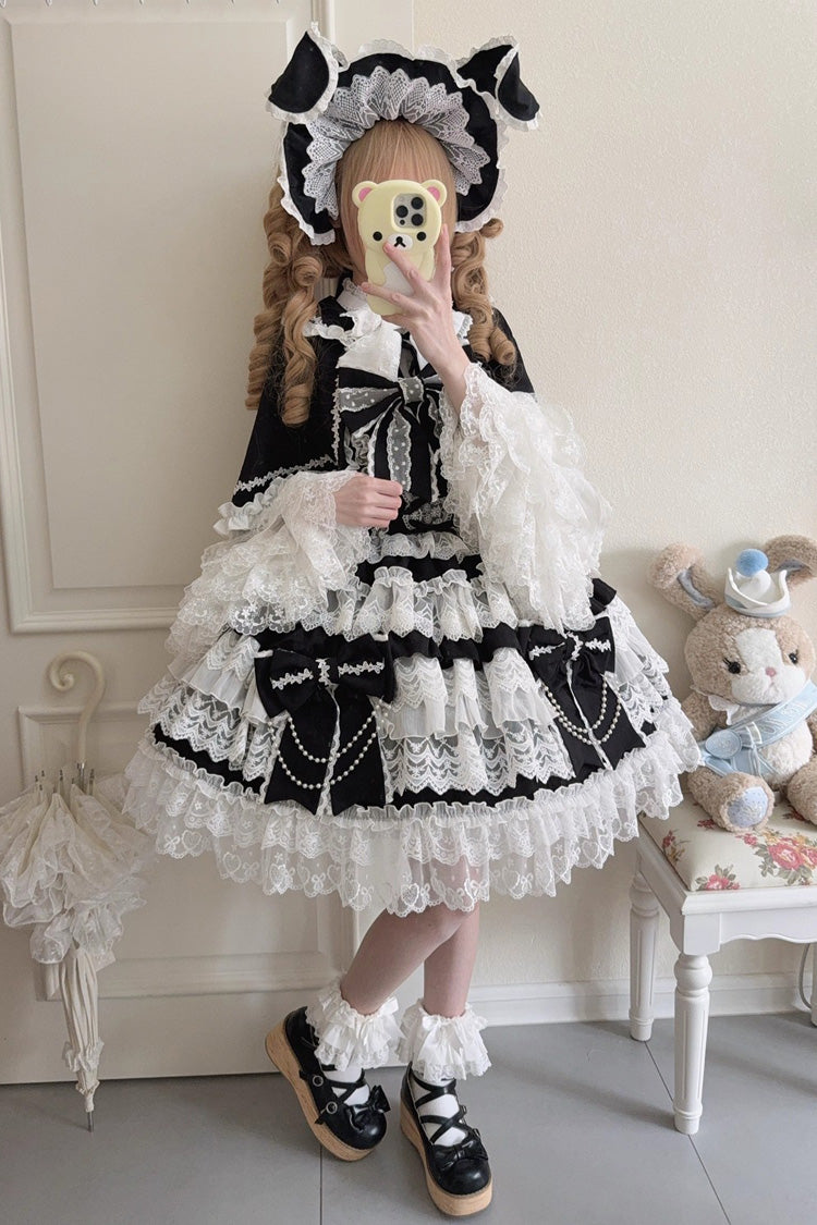 Black [Knot of the Crossed Heart] Sleeveless Multi-Layered Ruffle Hanayome Cardigan Bowknot Lace Lace-Up Sweet Lolita Jsk Dress