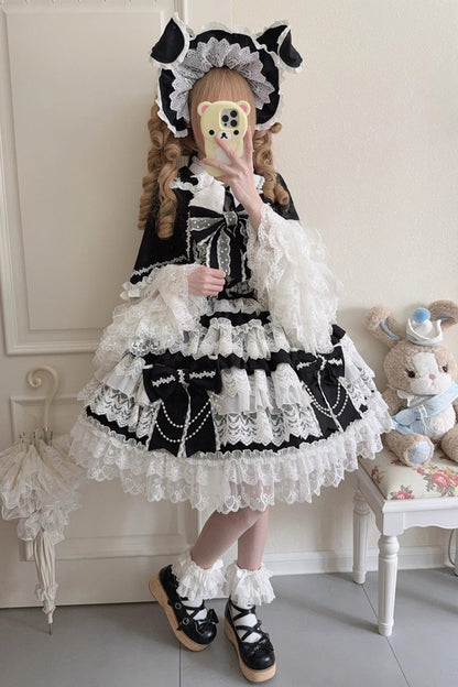 Black [Knot of the Crossed Heart] Sleeveless Multi-Layered Ruffle Hanayome Cardigan Bowknot Lace Lace-Up Sweet Lolita Jsk Dress