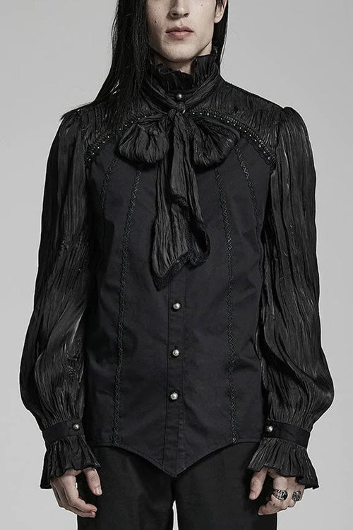 Black Stand Collar Ruched Stitching Lace Mens Gothic Blouse with Scarf