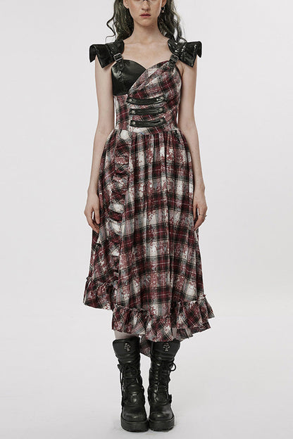 Black/Red Leather Shoulder Strap Plaid Print Ruffle Stitching Irregular Women's Steampunk Dress